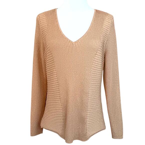 INC Knit Pullover Top Sweater XL Gold Metallic VNeck Event Career Office Holiday - Picture 7 of 8